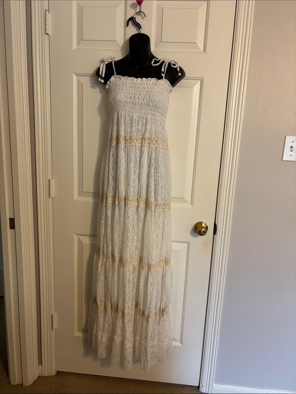 White Lace Boho Maxi Dress with Tan Trim Size M